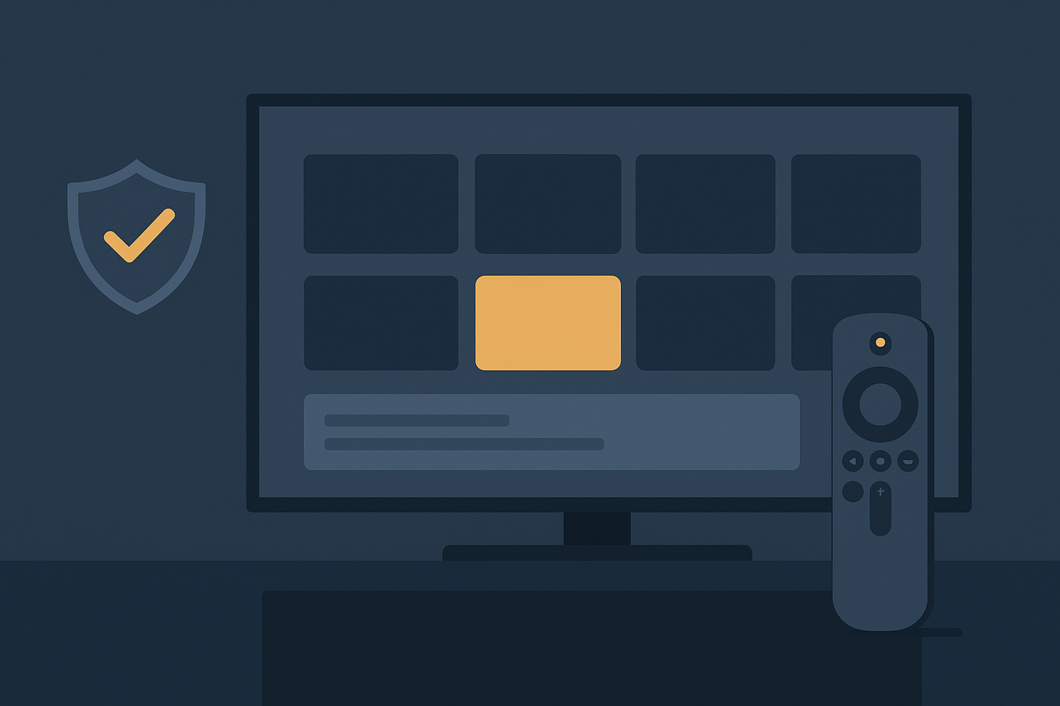 Illustration of a legal home streaming setup with a TV, streaming device, and trust symbol