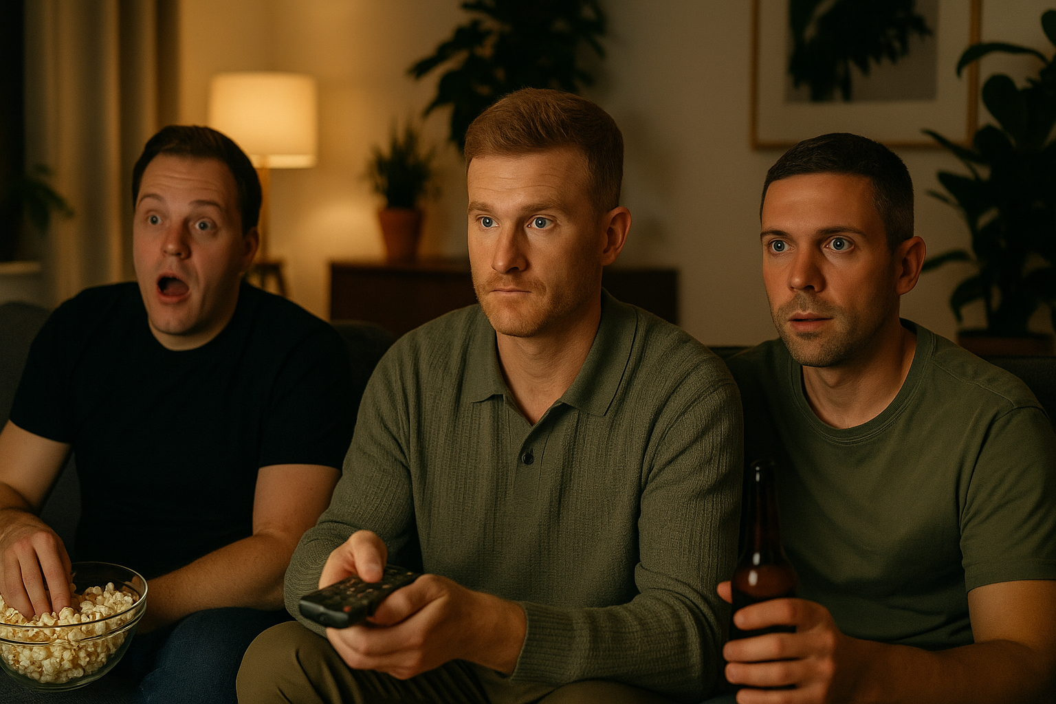 Realistic photo style image of men on a sofa watching a screen