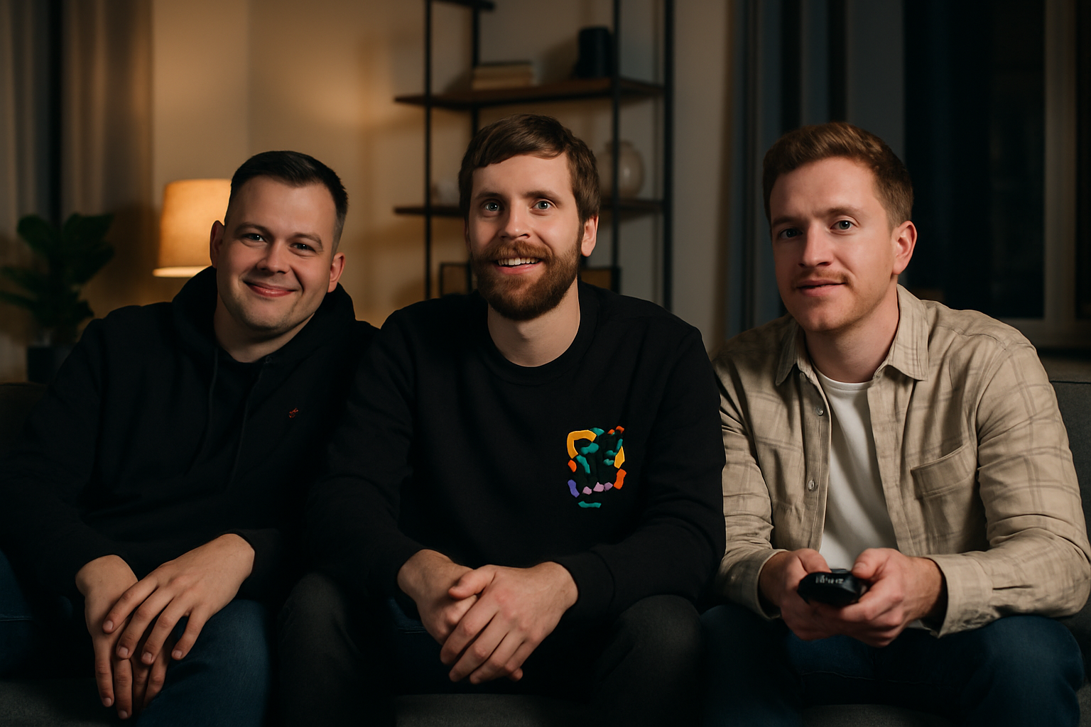 Realistic photo style image of men on a sofa in a living room