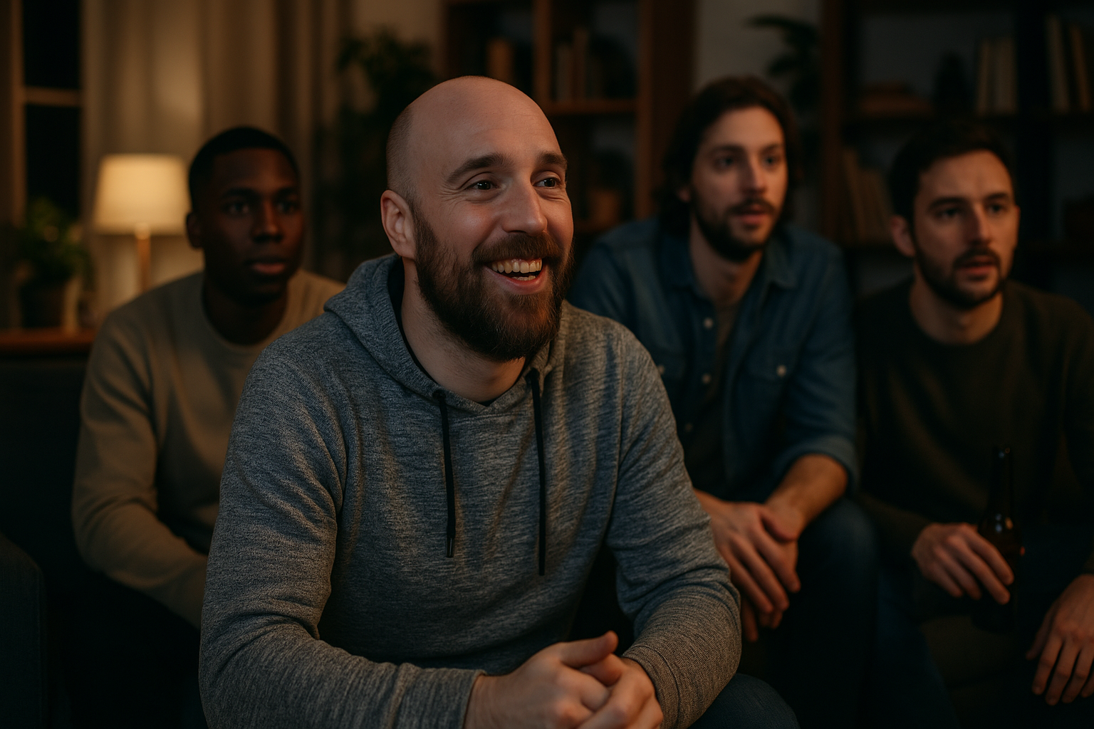 Realistic photo style image of friends on a sofa watching a screen