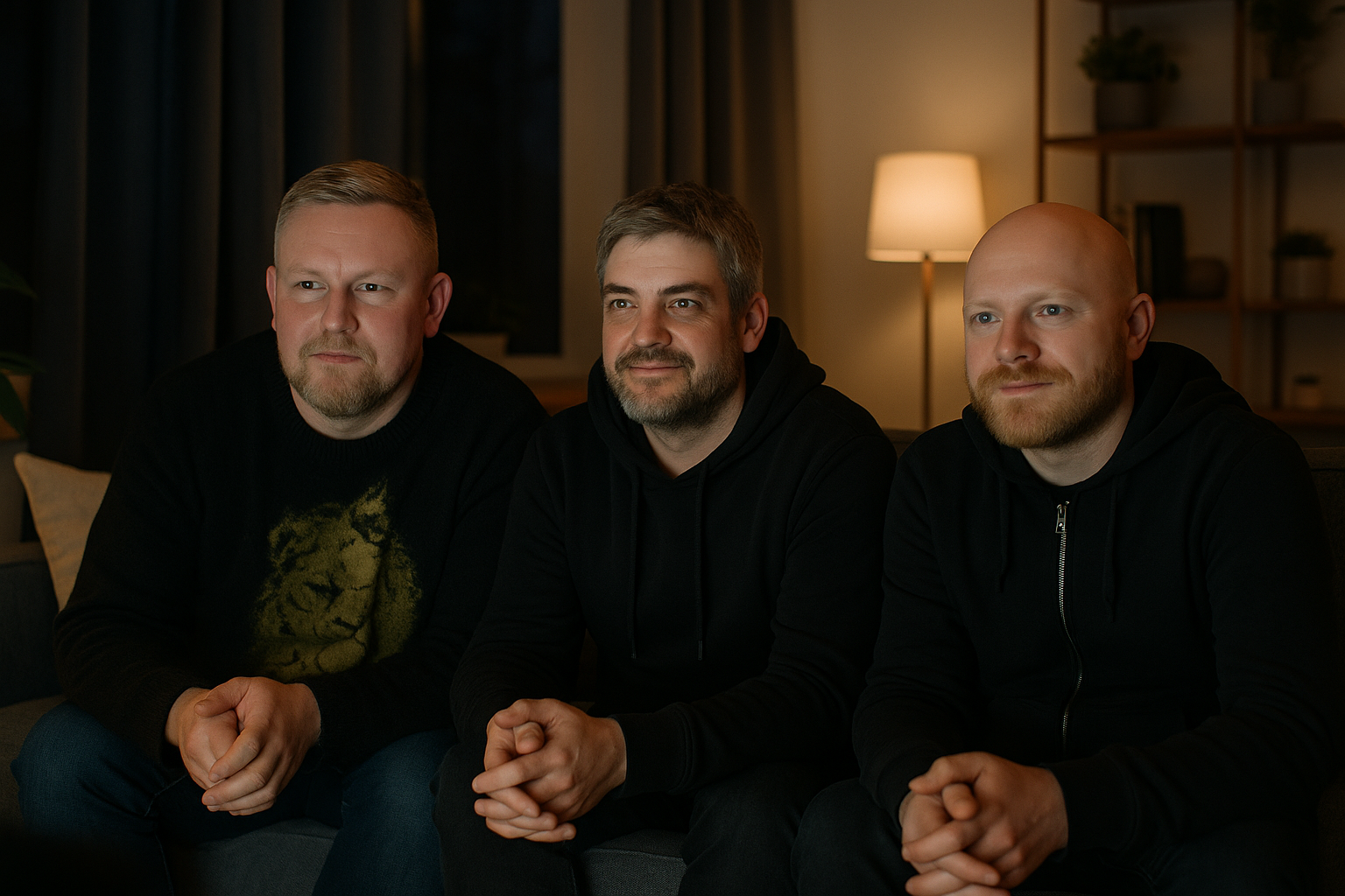 Realistic photo style image of men on a sofa at night